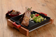 ENAMELED CAST IRON GRILL/GRIDDLE TRAY W/ HANDLES & WOODEN SERVICE STAND - 26 x 32 CM /10.2 x 12.6"-Lava Canada
