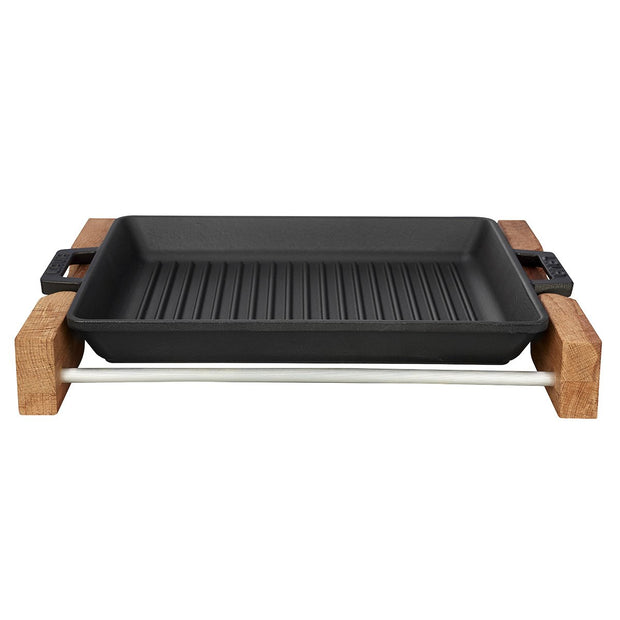 ENAMELED CAST IRON GRILL TRAY W/ HANDLES & WOODEN SERVICE STAND - 26 x 32 CM / 10 x 12"-Lava Canada